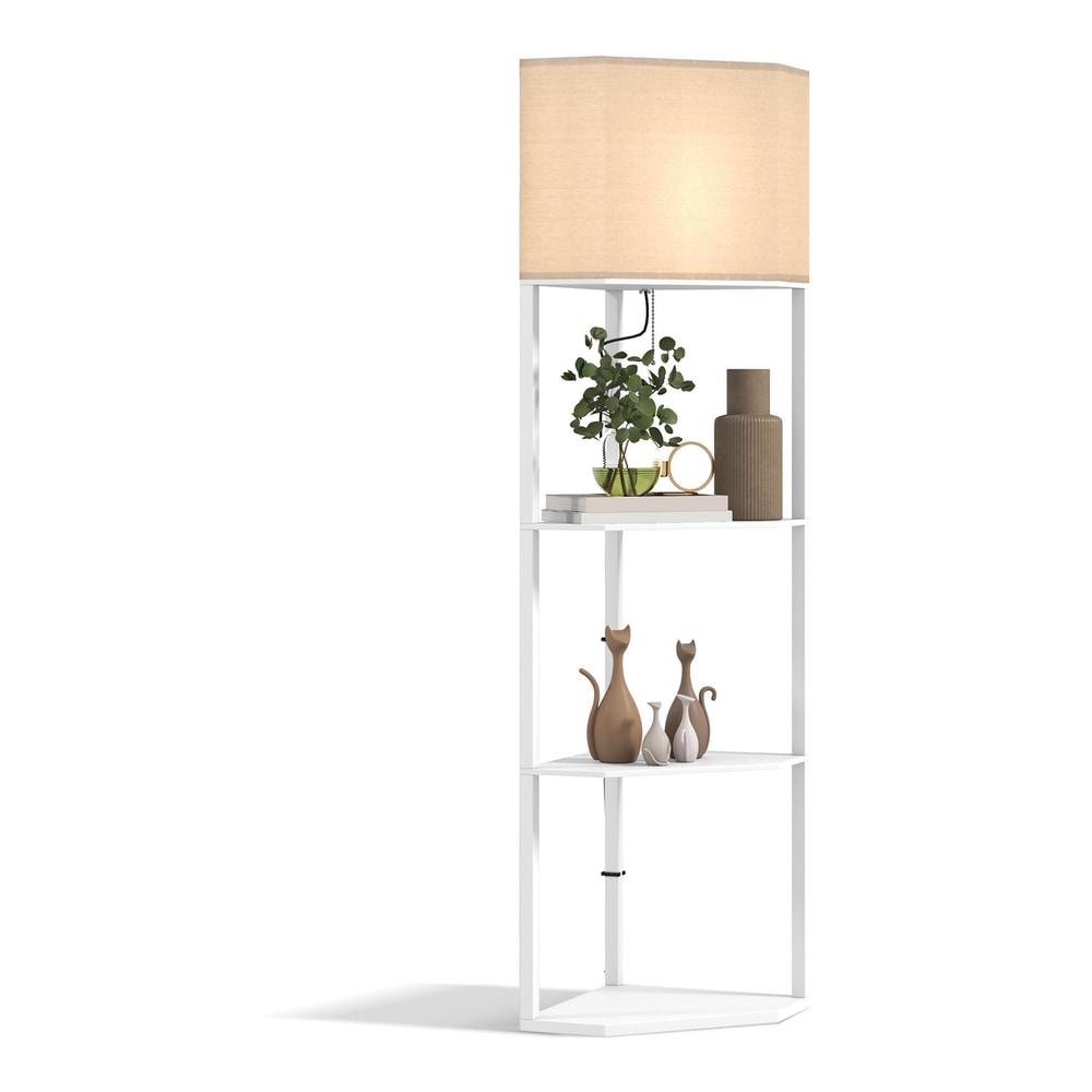 HOMCOM Three-Shelf Corner Floor Lamp - White, a tall white corner floor lamp with a fabric shade and three shelves