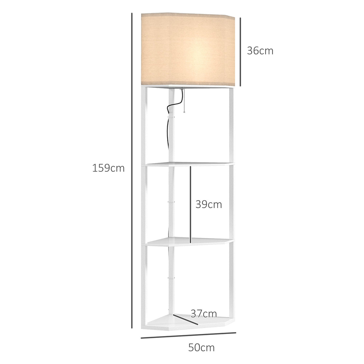 A size diagram showing the dimensions of the white corner floor lamp with shelves