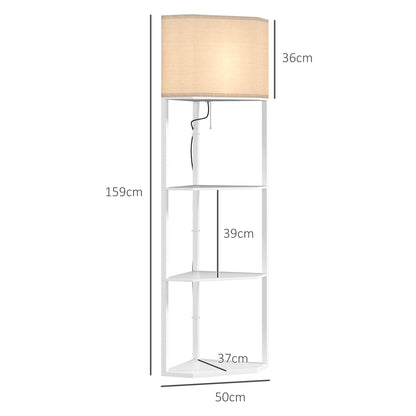 A size diagram showing the dimensions of the white corner floor lamp with shelves