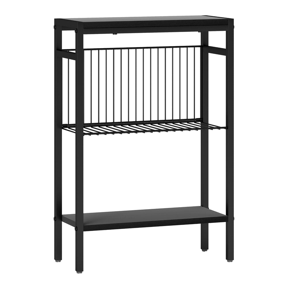 HOMCOM Three Shelf Industrial Side Table, a black metal frame with three shelves, one a wire rack