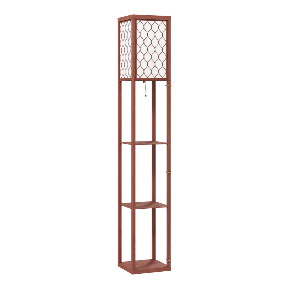 HOMCOM Three-Shelf Standing Lamp in brown with a white patterned lampshade