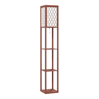 HOMCOM Three-Shelf Standing Lamp in brown with a white patterned lampshade