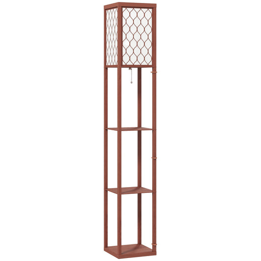 HOMCOM Three-Shelf Standing Lamp in brown with a white patterned lampshade