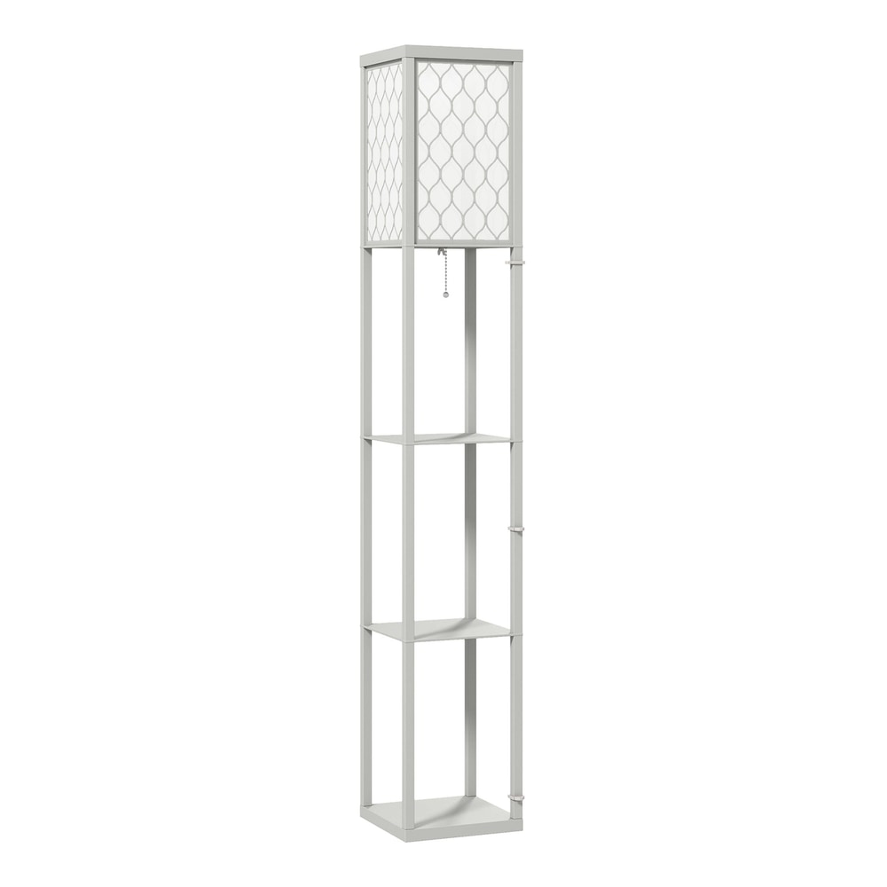 HOMCOM Three-Shelf Standing Lamp in grey with a white patterned lampshade and three shelves