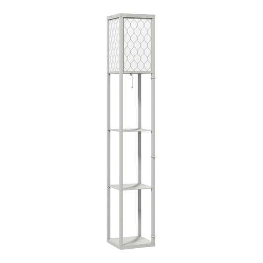 HOMCOM Three-Shelf Standing Lamp in grey with a white patterned lampshade and three shelves