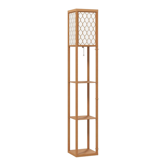 HOMCOM Three-Shelf Standing Lamp in a natural wood finish with a lattice patterned lampshade