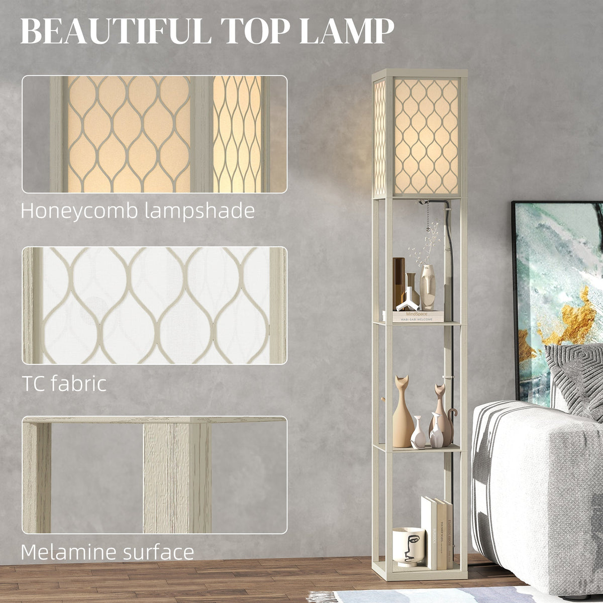 The standing lamp with close-up insets showing the lattice shade and wood grain shelf surface