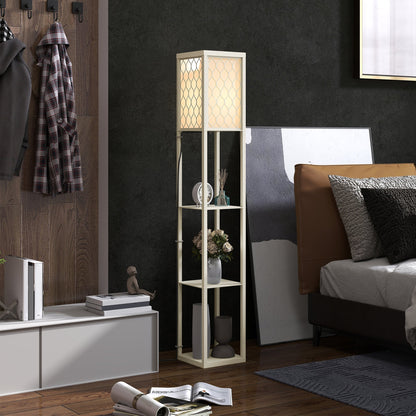 The floor lamp standing in a bedroom next to a bed with decorative items on its shelves