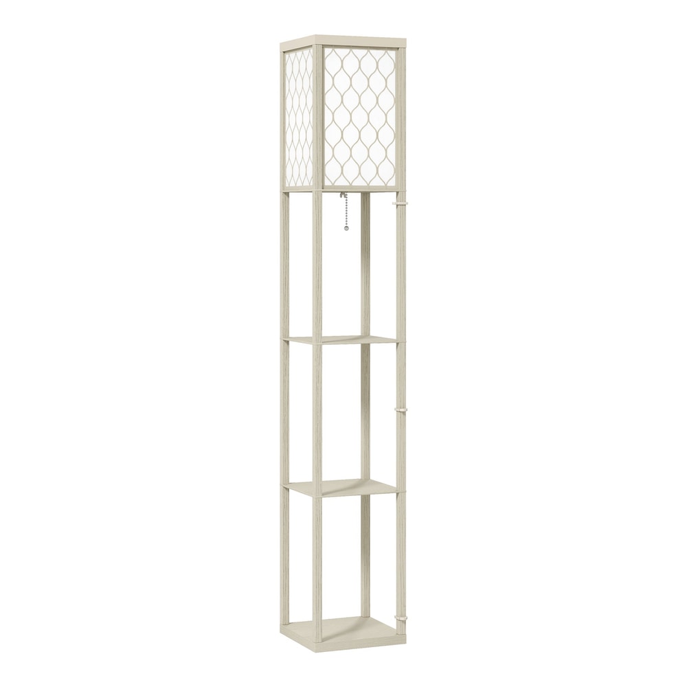 HOMCOM Three-Shelf Standing Lamp with a white lattice lampshade and three open storage tiers