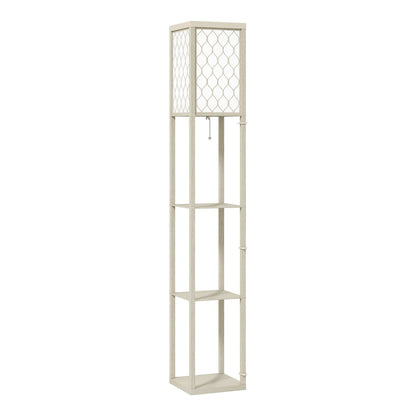 HOMCOM Three-Shelf Standing Lamp with a white lattice lampshade and three open storage tiers
