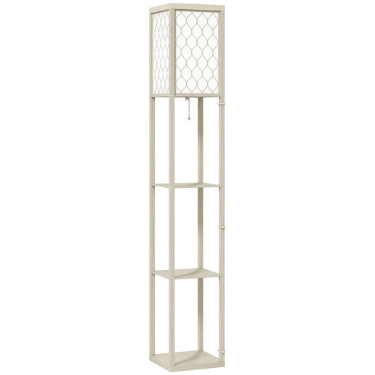 HOMCOM Three-Shelf Standing Lamp with a white lattice lampshade and three open storage tiers