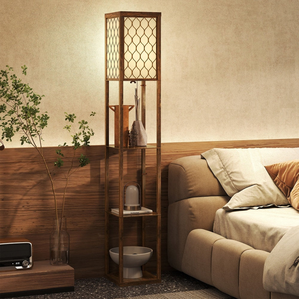 The standing lamp with shelves in a bedroom next to a bed