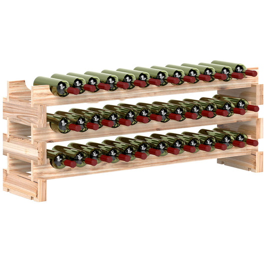 HOMCOM Three-Tier 36 Bottle Wooden Wine Rack, a freestanding unit with three shelves holding wine bottles