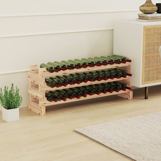 The wooden wine rack in a room setting with bottles on shelves and a plant nearby