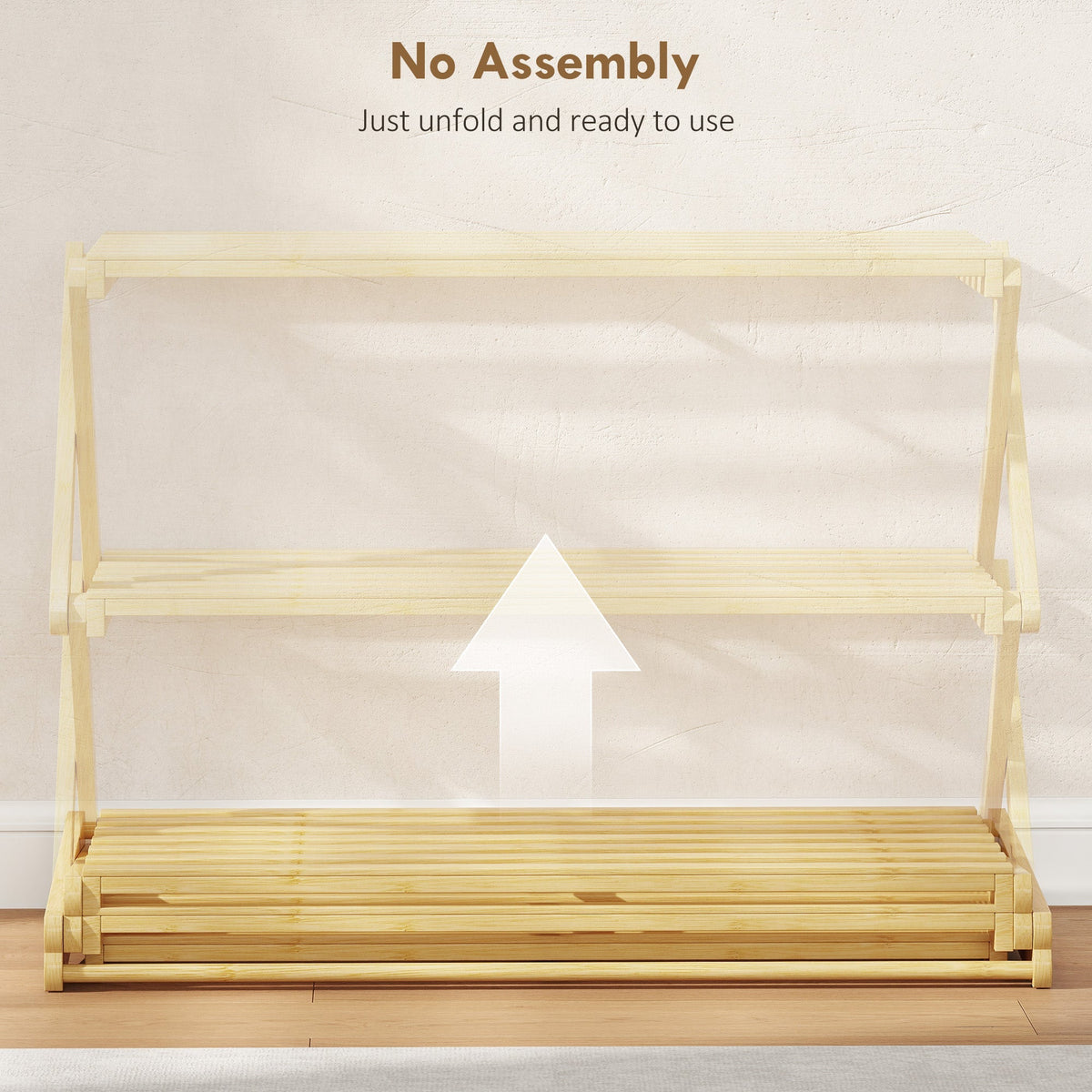 The folding shoe rack shown partially unfolded, with text indicating no assembly needed