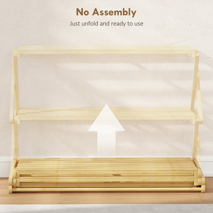 The folding shoe rack shown partially unfolded, with text indicating no assembly needed