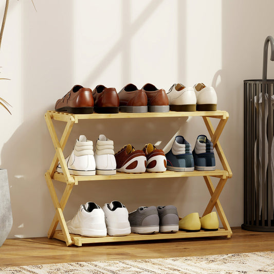 The shoe storage unit holding various pairs of shoes on each of its three shelves