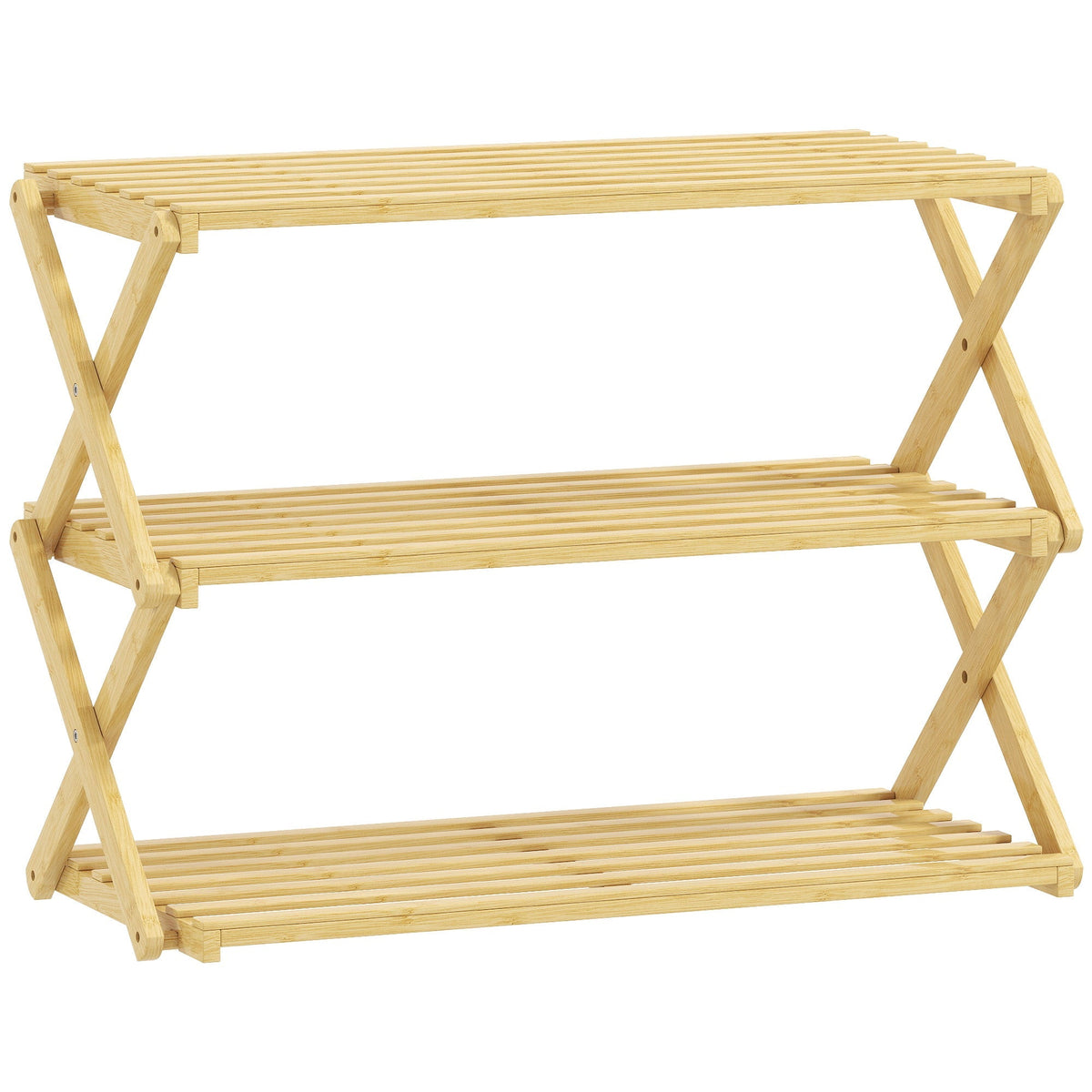 HOMCOM Three-Tier Folding Bamboo Shoe Rack in a natural finish, shown assembled and empty