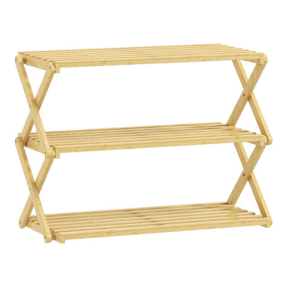 HOMCOM Three-Tier Folding Bamboo Shoe Rack in a natural finish, shown assembled and empty