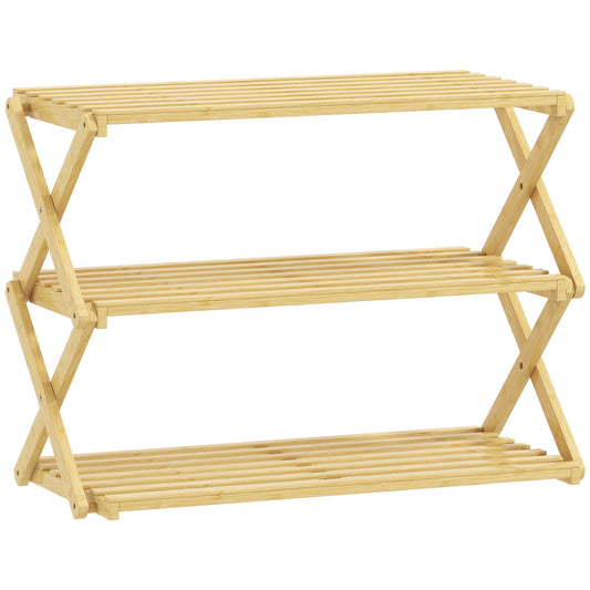 HOMCOM Three-Tier Folding Bamboo Shoe Rack in a natural finish, shown assembled and empty