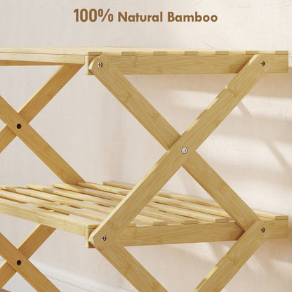 A close-up view of the natural bamboo construction of the shoe storage unit
