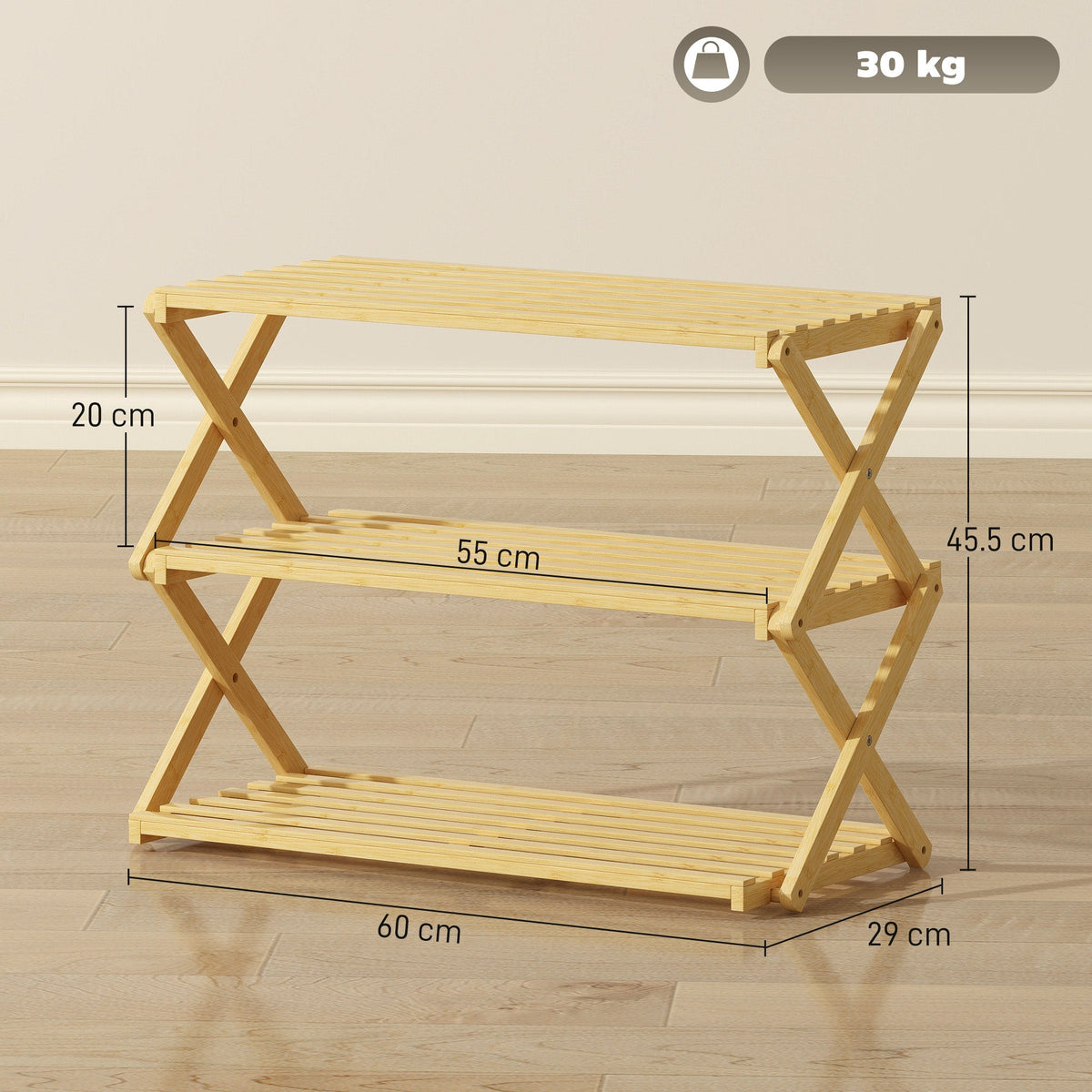 The three-tier shoe storage unit with dimensions indicated