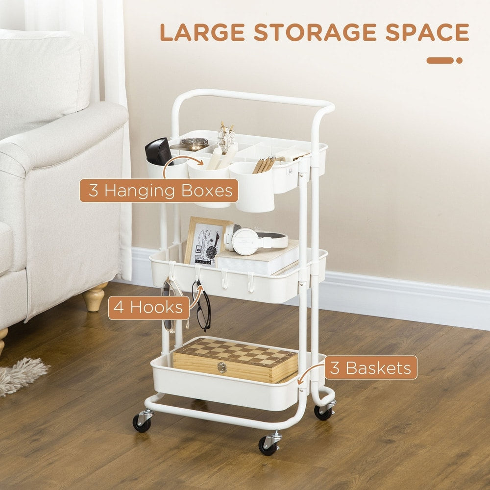 White three-tier trolley with labelled features like hanging boxes and hooks