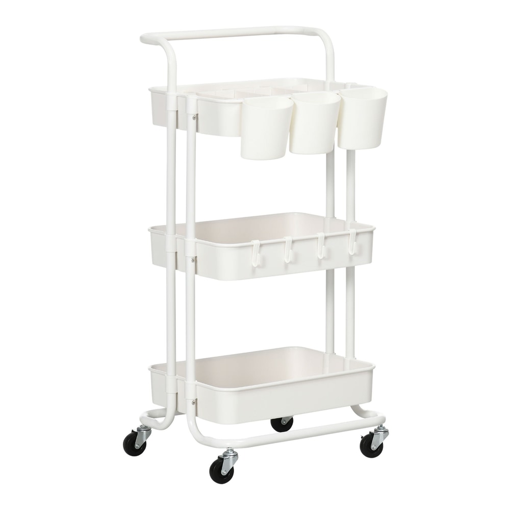 HOMCOM Three-Tier Home Trolley in white with a handle and wheels