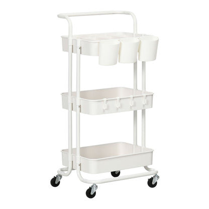 HOMCOM Three-Tier Home Trolley in white with a handle and wheels