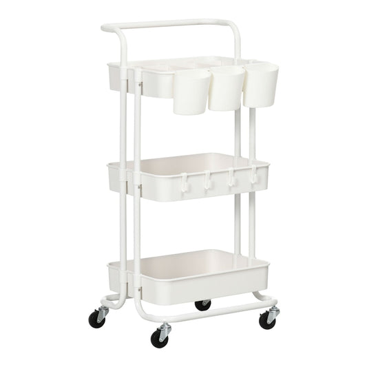 HOMCOM Three-Tier Home Trolley in white with a handle and wheels