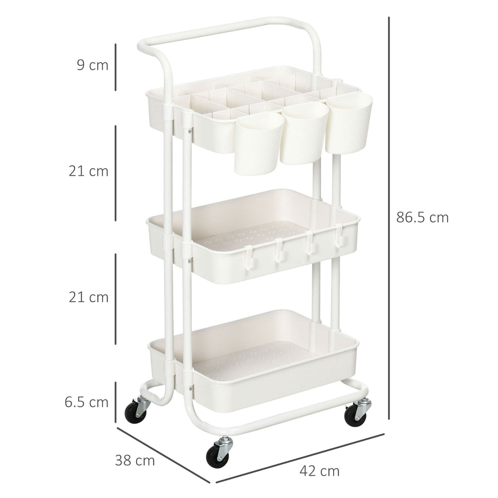White three-tier trolley with dimensions labelled