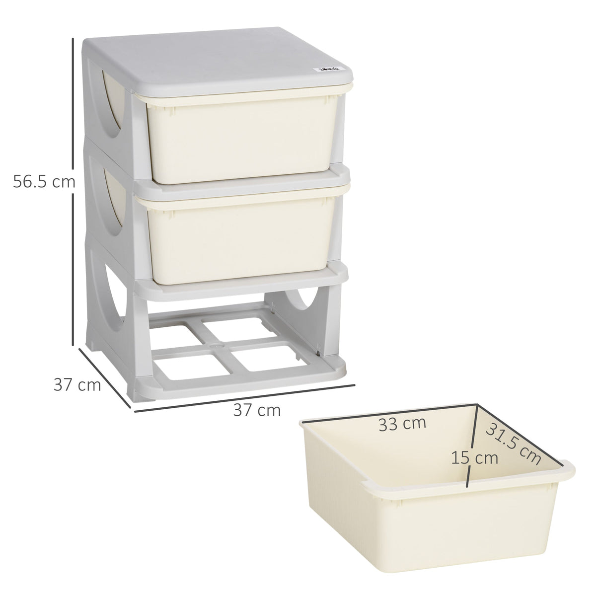 The kids storage unit with one drawer removed to show the frame and dimensions