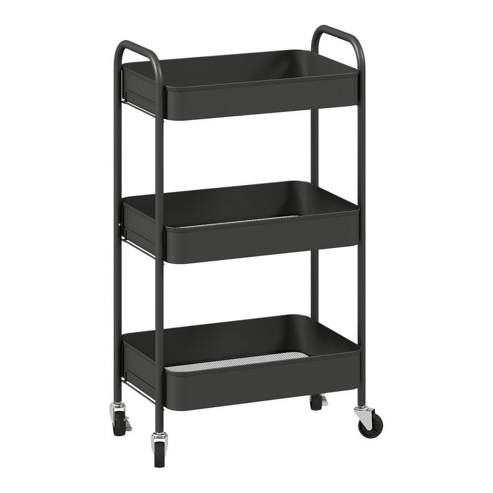 HOMCOM Three-Tier Steel Storage Trolley in black with three mesh baskets and handles