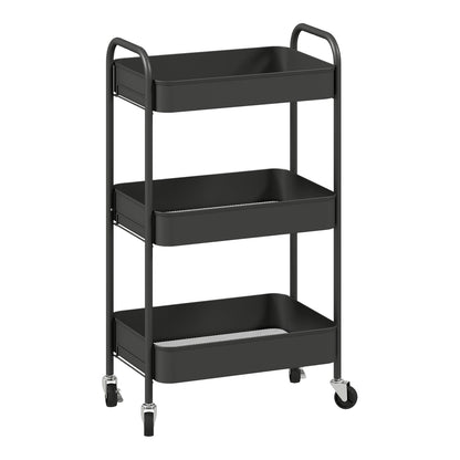 HOMCOM Three-Tier Steel Storage Trolley in black with three mesh baskets and handles