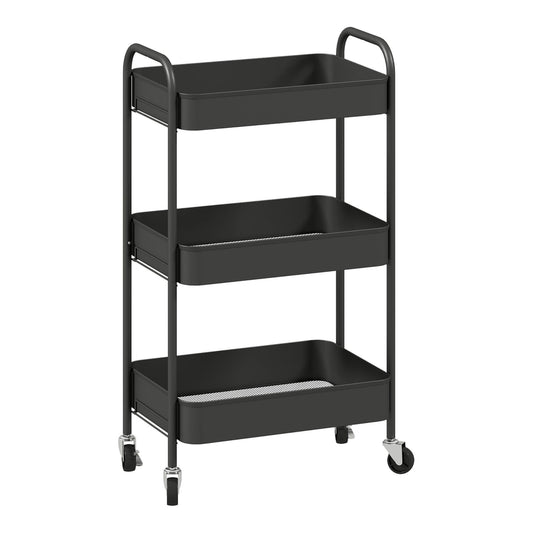 HOMCOM Three-Tier Steel Storage Trolley in black with three mesh baskets and handles