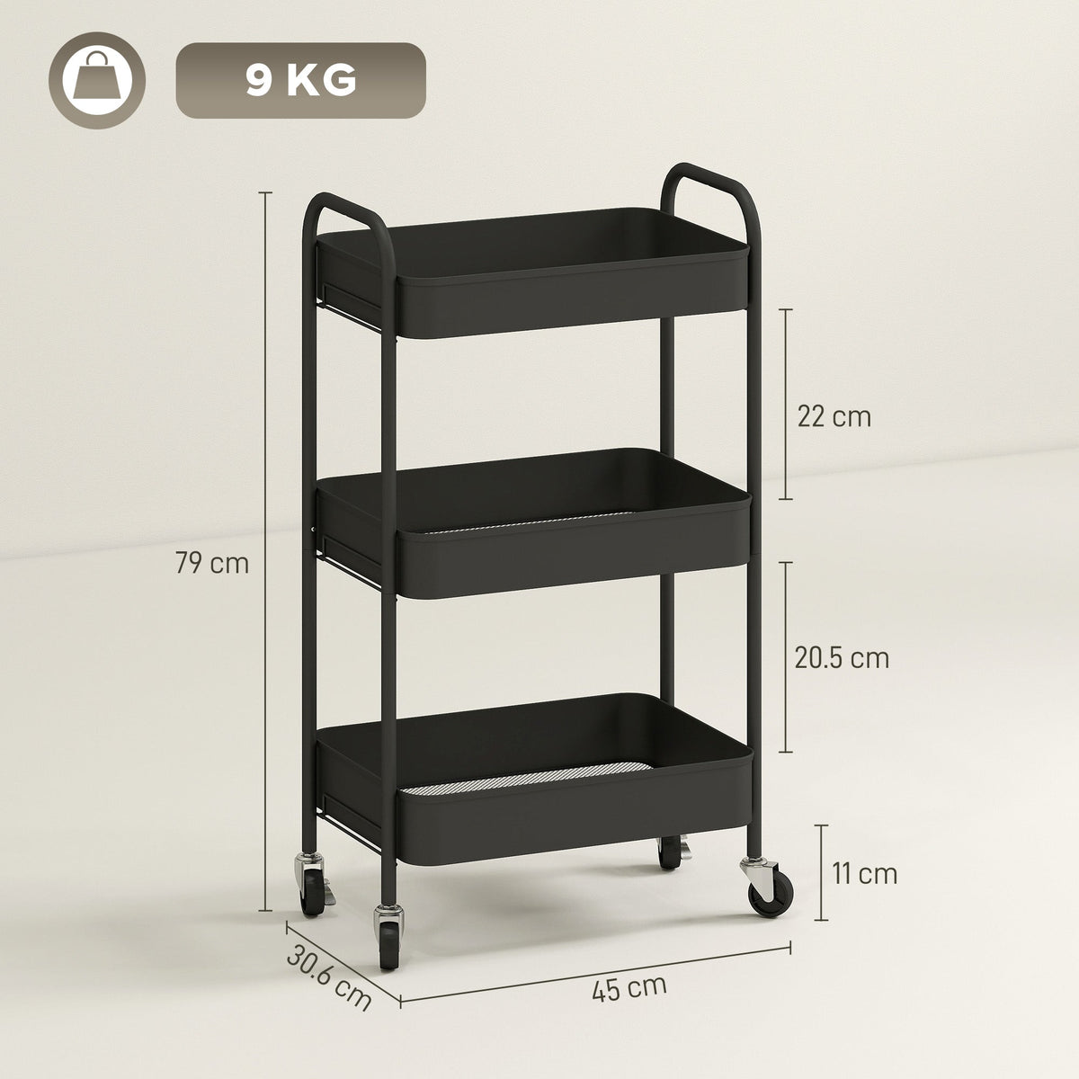 Dimensions of the black three-tier steel storage trolley shown with measurements