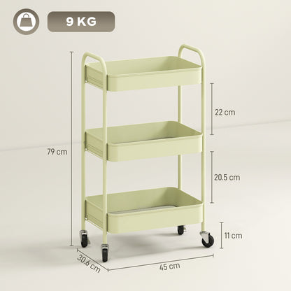 Dimensions diagram for the green three-tier steel storage trolley