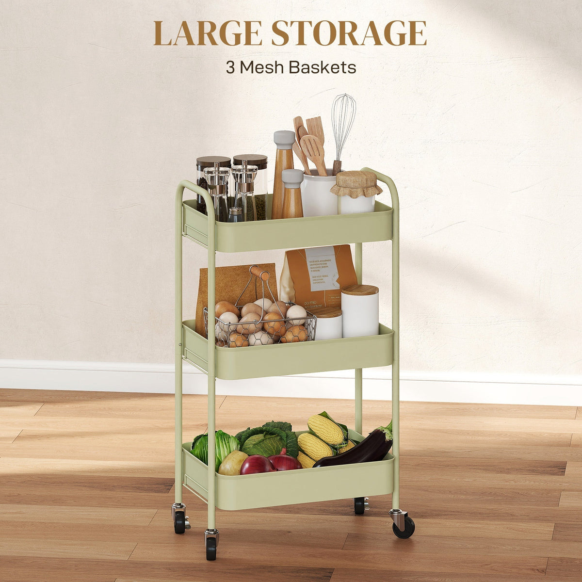 Green three-tier mesh basket trolley with various kitchen items on shelves