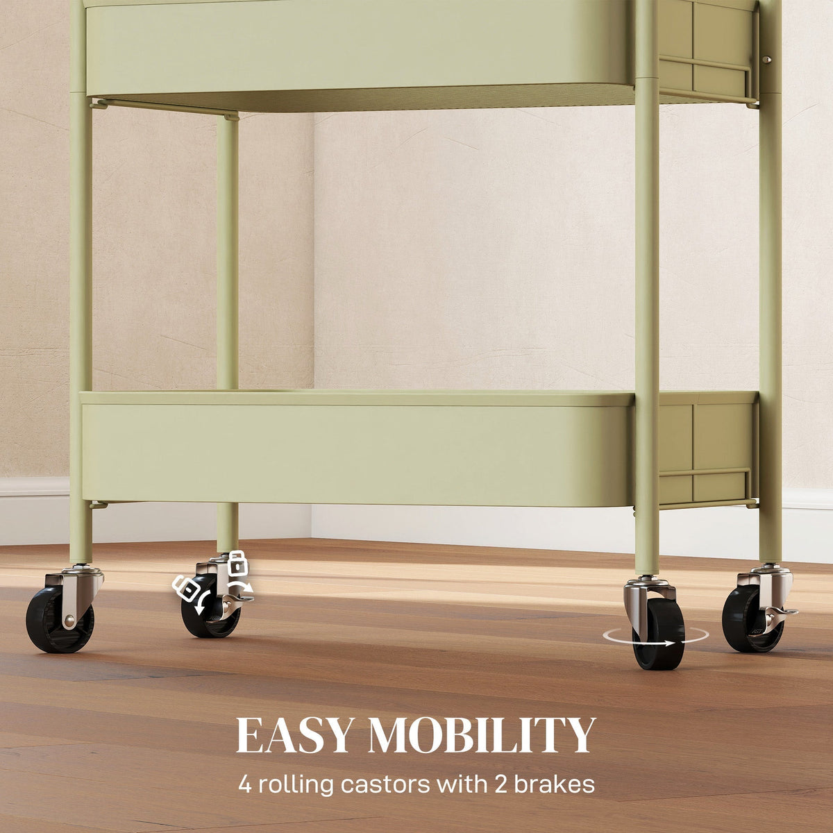 Close-up of the four castors on the green three-tier storage trolley, two with brakes