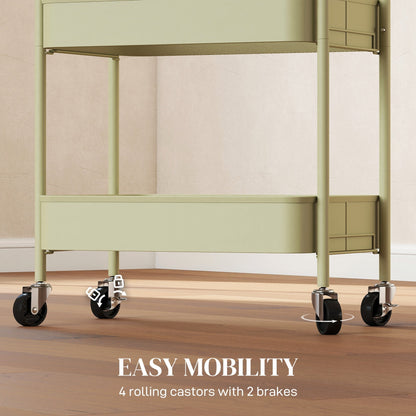 Close-up of the four castors on the green three-tier storage trolley, two with brakes
