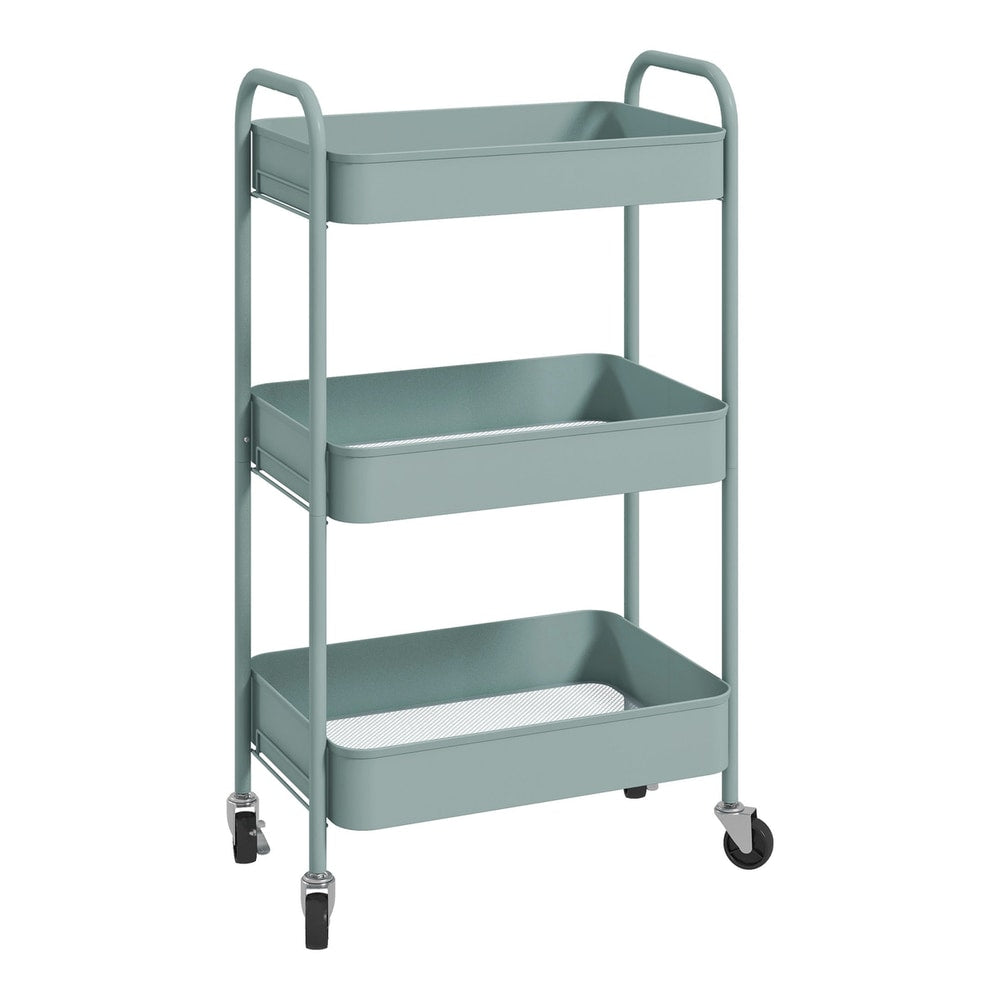 HOMCOM Three-Tier Steel Storage Trolley in light blue with three mesh baskets and wheels