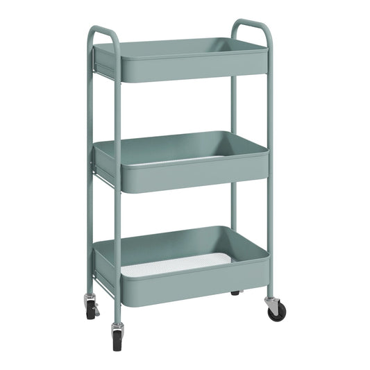 HOMCOM Three-Tier Steel Storage Trolley in light blue with three mesh baskets and wheels