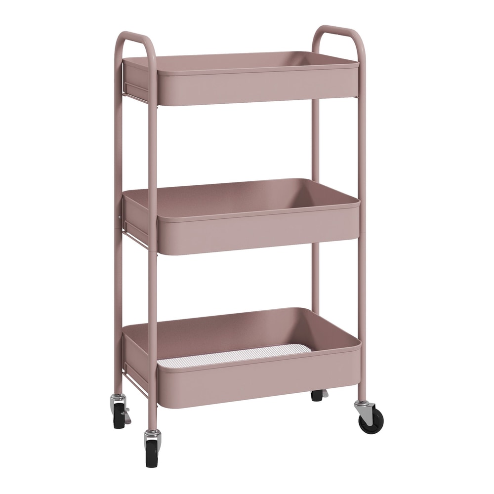 HOMCOM Three-Tier Steel Storage Trolley in pink, a narrow unit with three shelves and wheels