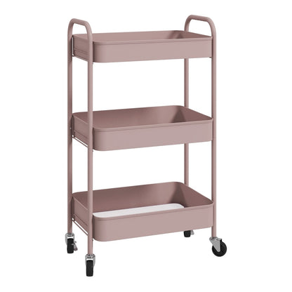 HOMCOM Three-Tier Steel Storage Trolley in pink, a narrow unit with three shelves and wheels
