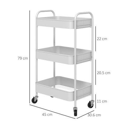The white three-tier trolley with dimensions shown