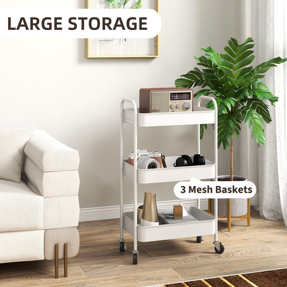 The white three-tier trolley with items on shelves, labelled large storage