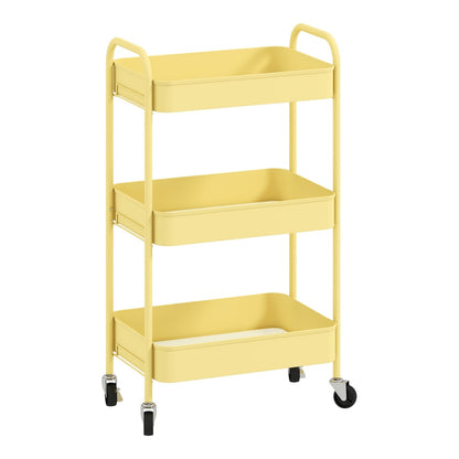HOMCOM Three-Tier Steel Storage Trolley in yellow with three shelves and four black castor wheels