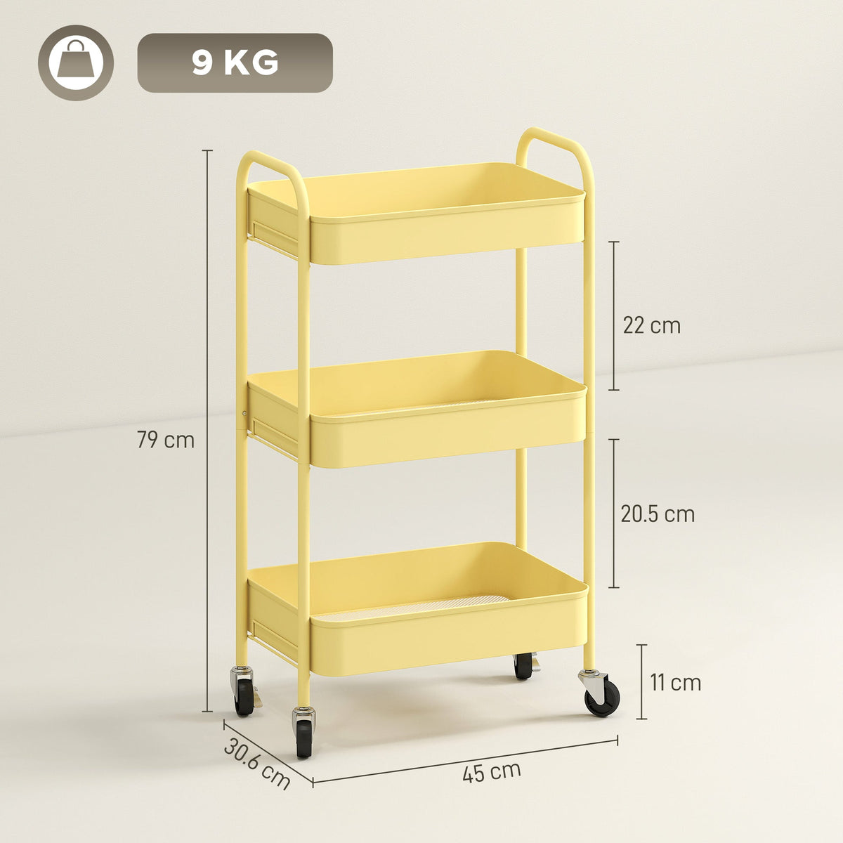 The yellow storage trolley shown with height and width measurements on a plain background