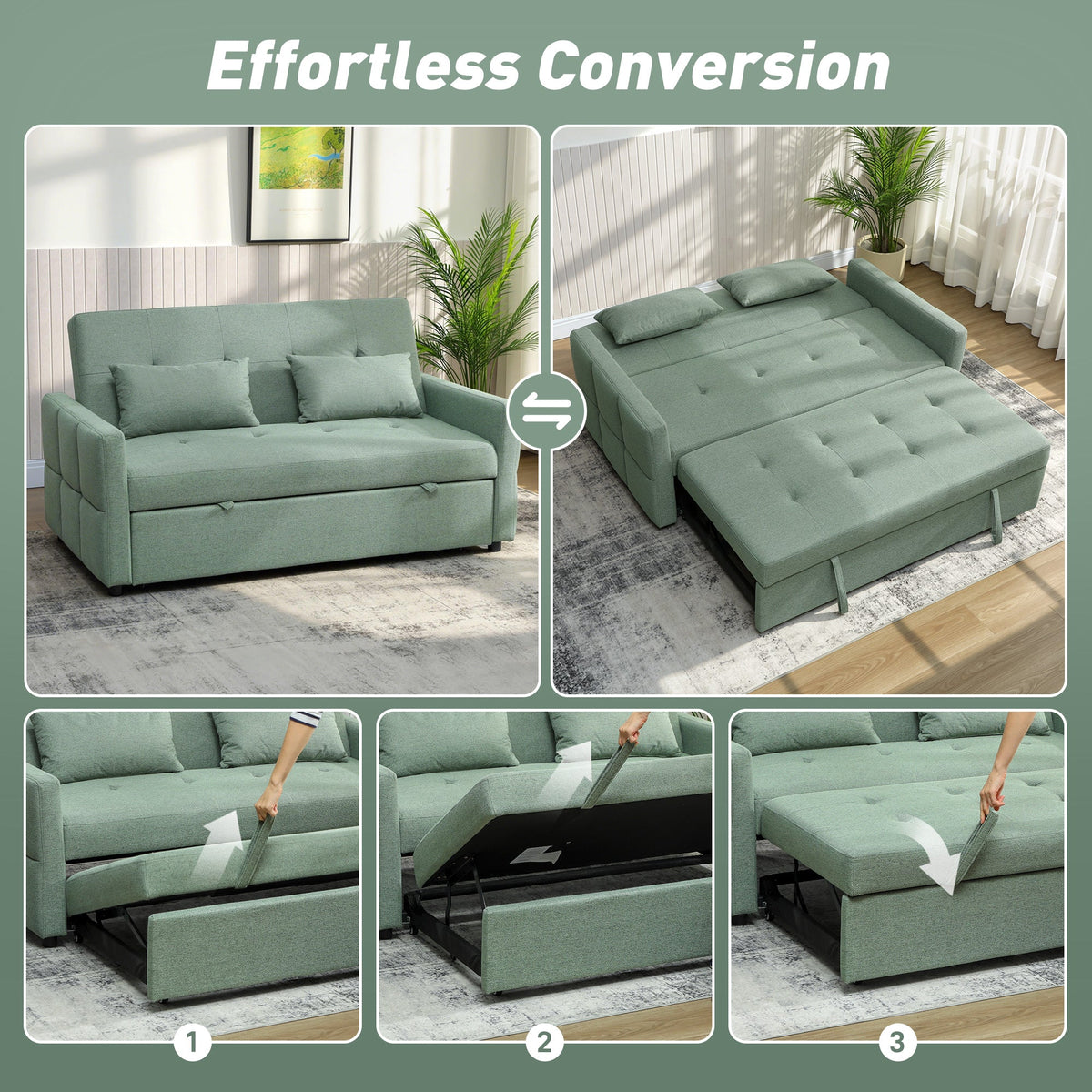 Step-by-step guide showing how to convert the green sofa into a bed