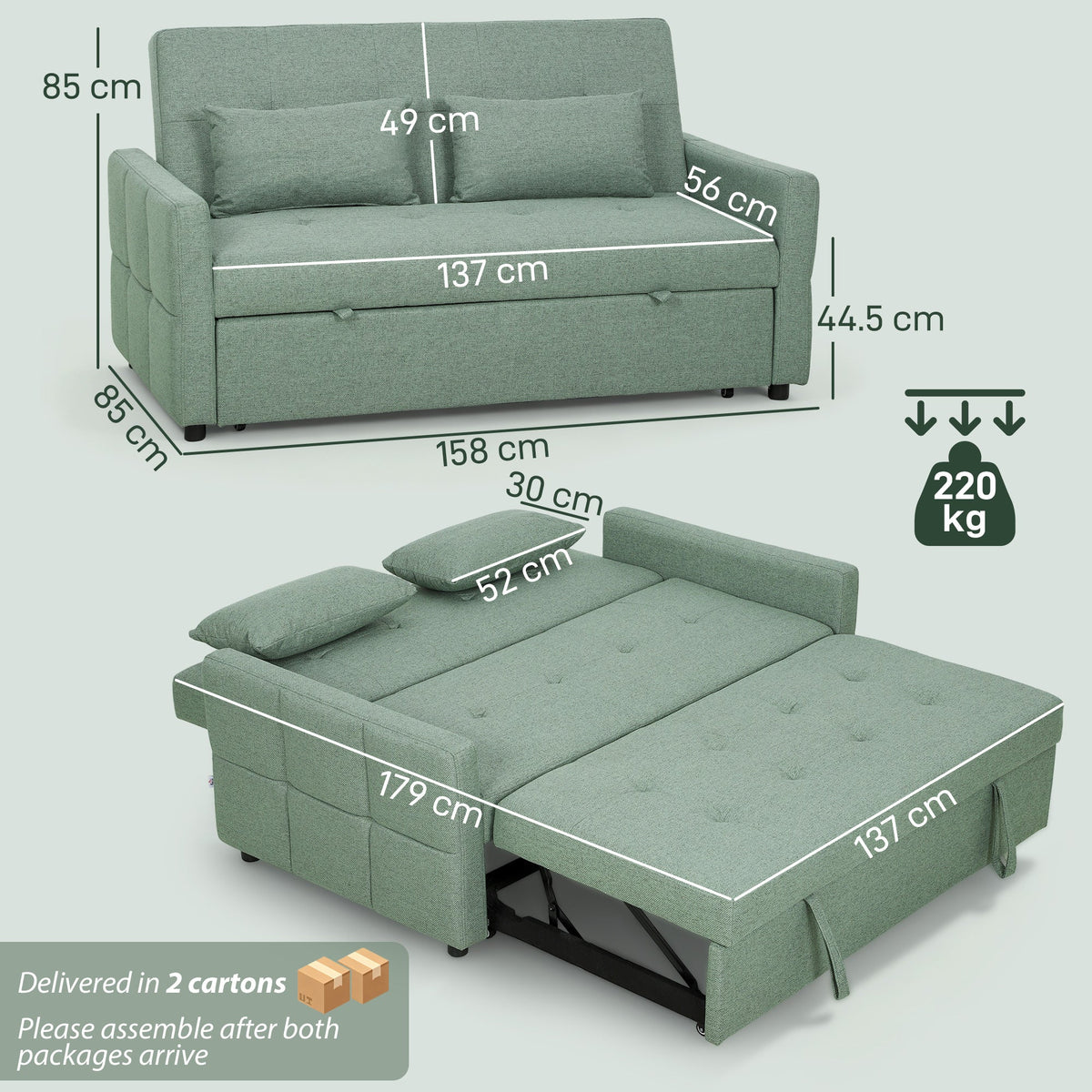 Diagram showing the dimensions of the green sofa bed in sofa and bed form